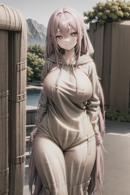 long hair, large breasts, wide hips, (white pupils), (pink hair), smile, (burlap hoodie), <lora:Burlap V2:0.6>