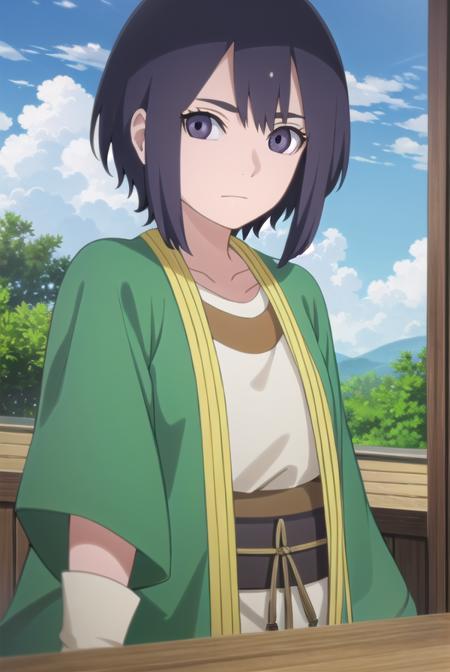 ladykiri, <lora:lady kiri-lora-nochekaiser:1>,
lady kiri, black hair, short hair, hair between eyes, (purple eyes:1.1),
BREAK long sleeves, robe, green robe, obi, dress, white dress,
BREAK outdoors, nature, forest, grass, sky, sun, clouds,
BREAK looking at viewer,
BREAK <lyco:GoodHands-beta2:1>, (masterpiece:1.2), best quality, high resolution, unity 8k wallpaper, (illustration:0.8), (beautiful detailed eyes:1.6), extremely detailed face, perfect lighting, extremely detailed CG, (perfect hands, perfect anatomy),