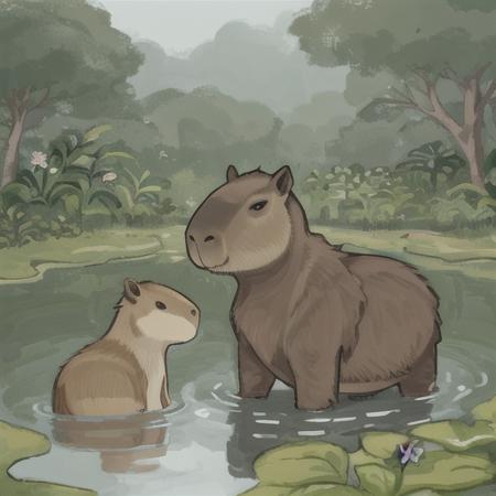 <lora:drawthiere-26:0.85> drawthiere,  <lora:capi-09:0.5> capybara, pond, (swamp:0.9)