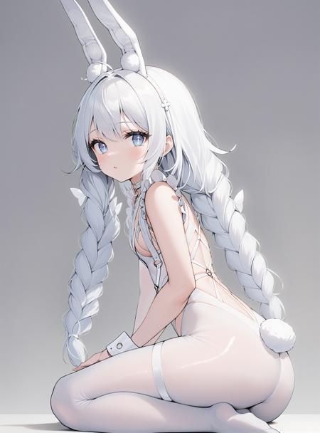 le malin \(listless lapin\),+_+,blue eyes,twin braids,white hair, fake animal ears,o-ring choker,white pantyhose,rabbit tail,white leotard,wrist cuffs,thigh strap,