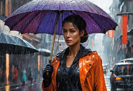 a stunning watercolor and ink artwork capturing a woman walking in the rain, depicted with meticulous attention to detail. Inspired by the incredible matte photographs of Greg Rutkowski, Ivan Shishkin, and Grzegorz Przybysz, the artwork features a striking figure under an umbrella with red, orange, dark purple, and black speedpaint, subtle brush strokes reminiscent of Android Jones and Ismail Indjeoglu, and hyper-detailed 3D shading with Art of Illusion and ZBrush. The composition follows the golden ratio, and the overall result is a surreal, award-winning masterpiece with subtle paint drips and texture.