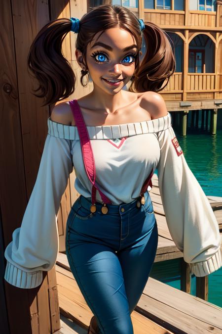 shorty, blue eyes, high twin tails, bangs,  brown hair, 
blue pants, , sleeves past wrists , off shoulder,  white sweater, suspenders
standing, upper body, smile, 
giant lake, fantasy, wooden platform, 
 (insanely detailed, beautiful detailed face, masterpiece, beautiful detailed eyes, best quality) 
 <lora:shorty-10:0.8>