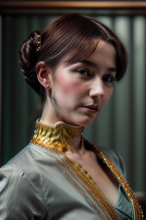 A humanoid AI represented in Art Nouveau style, with intricate, flowing lines and decorative patterns. She has a serene expression, her hair a cascade of metallic threads intertwined with floral motifs. Her body is partly robotic, with gold and pearl accents, seamlessly blending with organic forms. The background is a stained-glass-style design, featuring celestial and floral imagery. Art style: detailed, ornamental, and vintage-inspired."