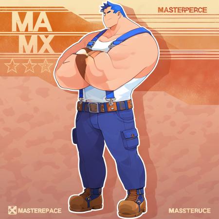 bara, solo, muscular male, short spikey hair, calm blue eyes, defined jaw, muscular face, muscular neck, thick muscular arms, amazing chest muscles, white muscle shirt, tight shirt, blue shoulder straps, blue army pants, tight pants, thick muscular legs, brown army boots