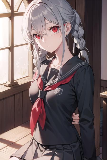 pekopekoyama, <lora:pekopekoyama-lora-nochekaiser:1>,
peko pekoyama, braid, long hair, (red eyes:1.5), twin braids, glasses,
BREAK black pantyhose, black shirt, brown footwear, collarbone, pantyhose, pleated skirt, school uniform, serafuku, shirt, shoes, skirt,
BREAK looking at viewer,
BREAK indoors, classroom,
BREAK <lyco:GoodHands-beta2:1>, (masterpiece:1.2), best quality, high resolution, unity 8k wallpaper, (illustration:0.8), (beautiful detailed eyes:1.6), extremely detailed face, perfect lighting, extremely detailed CG, (perfect hands, perfect anatomy),