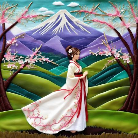cs-l3ath3r, 1girl, asian, brown eyes, brown hair, cherry blossoms, day, flower, grass, hair bun, mountain, nature, outdoors, green an white hanfu, looking at viewer,  yokozuwari