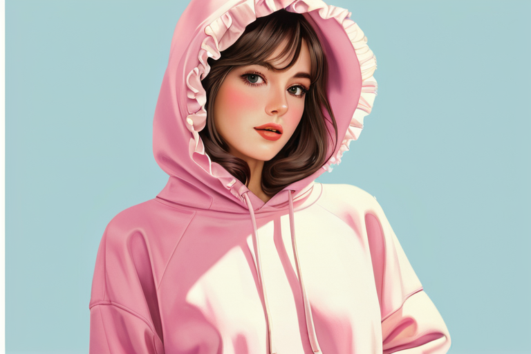 {{{{retro artstyle}}}}, {{masterpiece)),best quality,illustration,1 girl,mature female,small breast,beautiful detailed eyes,long sleeves, hoodie,frills, no shadow, simple background, bright skin, 1980s (style)