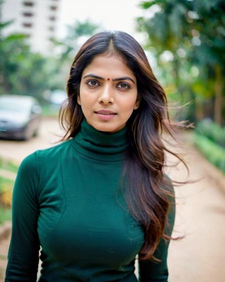 ultrarealistic portrait soft focus photo of a 30-year-old woman, malavika mohanan, outdoors, covered chest, turtleneck kurta, Fisheye-shot camera angle, looking looking at camera, midday time, beautiful bokeh, film grain <lora:Malavika_Mohanan_SDXL_LoRA:0.8>