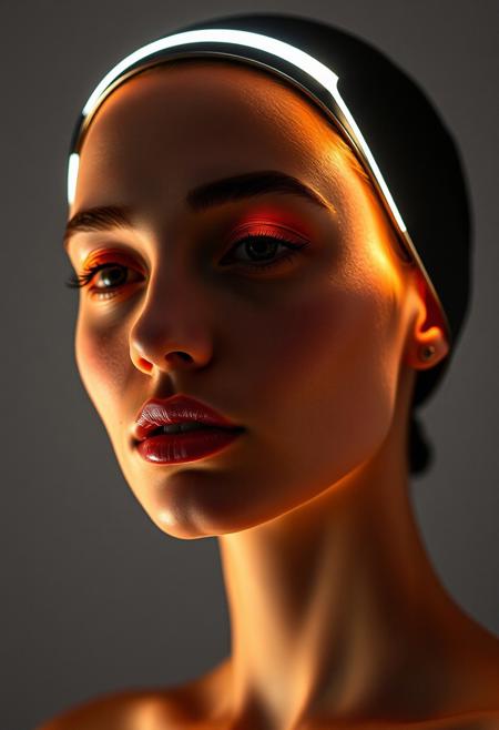 elegant LED-infused headwear as makeup alternative, soft LED accents gently highlighting face, (warm LED glow:1.2) enhancing cheekbones and jawline, minimalist modern design, soft white light framing facial features, (flawless skin:1.3), subtle LED lighting contouring the face, sleek and sophisticated tech-inspired beauty, (natural light-inspired LED glow), soft glowing accents on lips and eyes, refined elegance, high-definition, (glossy skin:1.1), radiant but understated, LED-lit accents mimicking natural makeup, (good anatomy:1.4), balanced lighting creating symmetry, soft and warm light tones, high-resolution, modern minimalist aesthetics, gentle LED reflections enhancing complexion, smooth textures, timeless beauty with modern technology, LED design harmonizing with classical beauty ideals, subtle glow enhancing facial definition