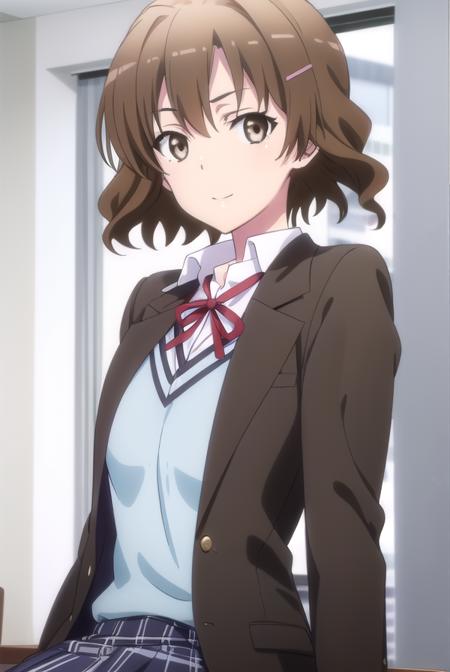 kaoriorimoto, <lora:kaori orimoto s2s3-lora-nochekaiser:1>, 
kaori orimoto, short hair, brown hair, hair ornament, (brown eyes:1.5), hairclip, smile,
BREAK skirt, ribbon, school uniform, jacket, black jacket, plaid, plaid skirt, blazer, sobu high school uniform,
BREAK indoors, classroom,
BREAK looking at viewer,
BREAK <lyco:GoodHands-beta2:1>, (masterpiece:1.2), best quality, high resolution, unity 8k wallpaper, (illustration:0.8), (beautiful detailed eyes:1.6), extremely detailed face, perfect lighting, extremely detailed CG, (perfect hands, perfect anatomy),