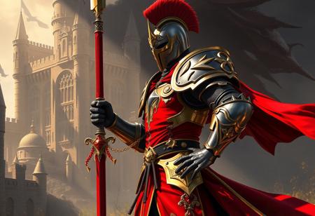 4K high-res digital illustration, powerful Noble Knight's Spearholder in grand red and gold armor with black/silver accents, plumed helmet. Ready stance, hand on hip, gripping red/gold/black sword.Castle of Dragon Souls background, dynamic shadow. Captivating lighting, golden ratio composition. Matte painting, splash ink illustration style. Trending on Artstation, CGSociety. Octane Render, Unreal Engine 5. Super detailed armor and sword.