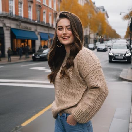 <lora:milliebrady_resized_256_bf16:1> milliebrady a candid photo of a woman with a smirk on her face, getting ready top cross the street,  standing straight, wearing a knit sweater and jeans with heels,  background is a busy city, lighting a cloudy day,, (high detailed skin:1.2), 8k uhd, dslr, soft lighting, high quality, film grain, Fujifilm XT3