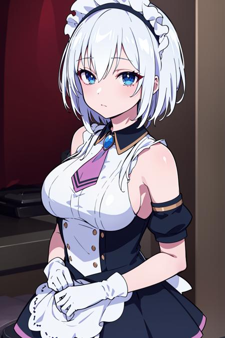 1girl, solo, blue eyes, maid headdress, medium breasts, white hair, white gloves, black skirt, sleeveless shirt, jewelry, <lora:ShirayukiHimeji:0.6>