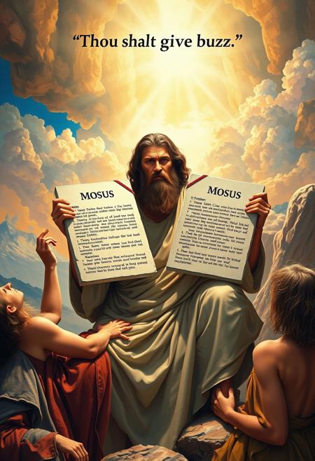 Masterpiece epic religious painting of Moses receiving two tablets of stone with the 10 commandments from God on Mount Sinai, (title text above: “Thou shalt give buzz”:1.3), best quality, intricate details, ultra details, good lighting, vibrant colors, very detailed,