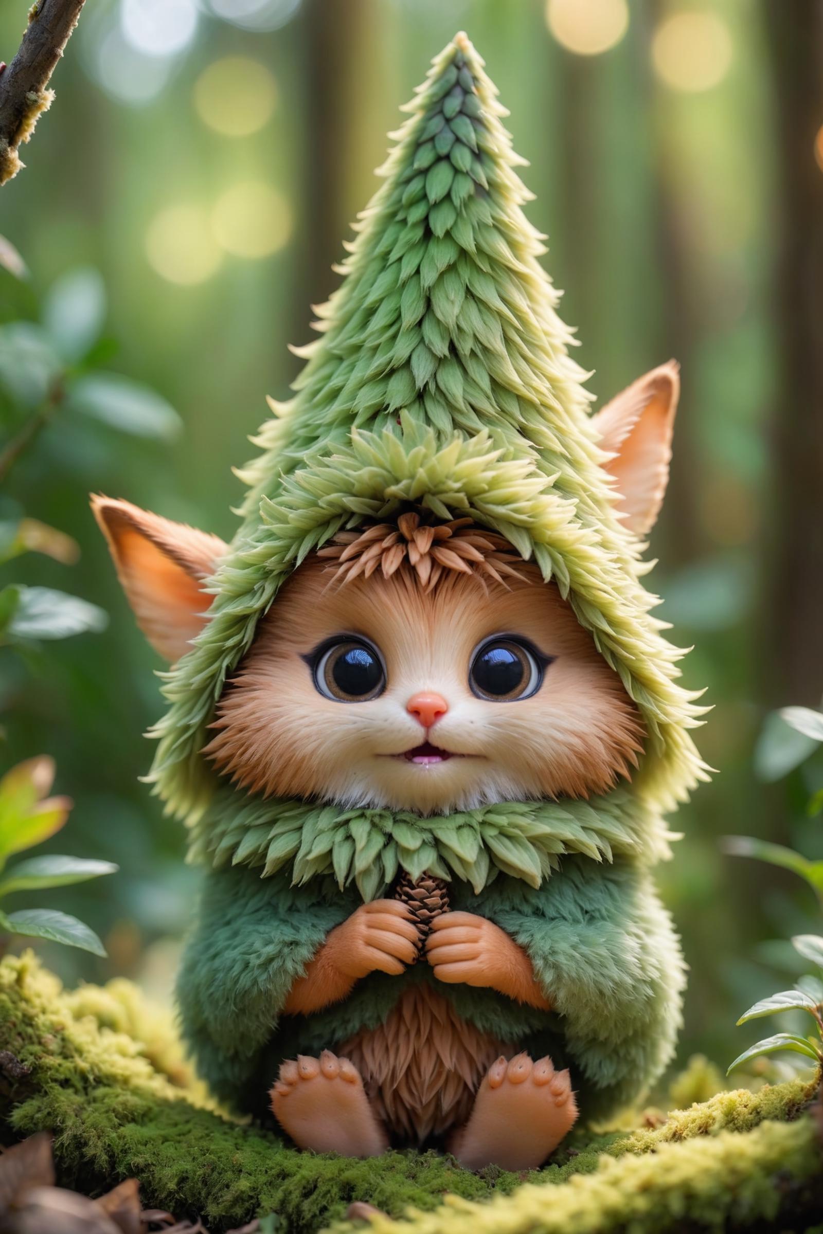 A cute furry creature wearing a green jacket and hat.