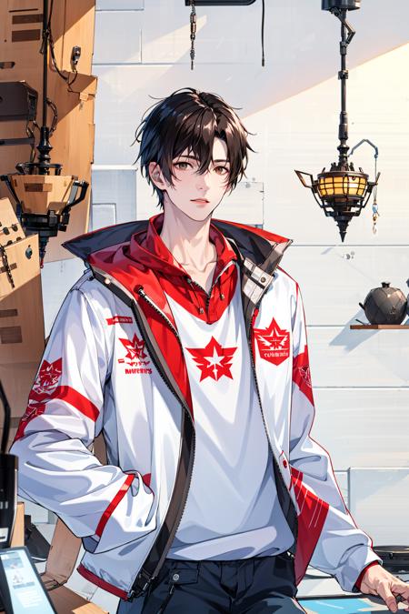 masterpiece, high quality, 1boy,solo,male focus, brown eyes,white jacket, portrait,yexiu\(quanzhigaoshou\),<lora:QZGS_YeXiu_mix:1>,