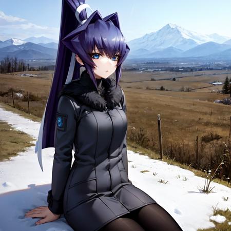 solo, Mitsurugi Meiya, blue hair, blue eyes, high ponytail, winter clothes, winter, shed in the distance, mountains, sitting on ground, outdoors