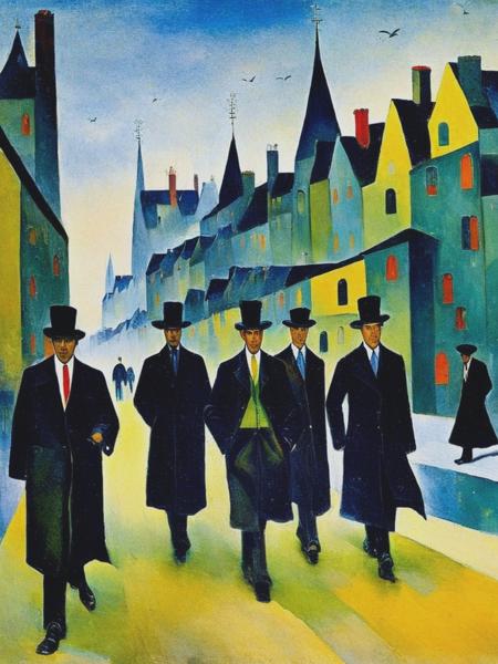 <lyco:LyonelFeininger:1.0> men in coats walking on pavement, painting by Lyonel Feininger