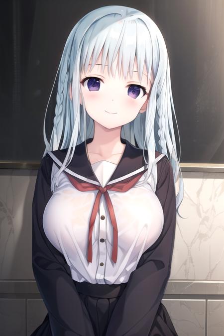 ((masterpiece)),(best quality),official art,extremely detailed CG,unity 8k wallpaper,ultra detailed,beautiful detailed eyes,extremely detailed face,1girl,solo,upper body,(portrait:1.2),looking at viewer,facing viewer,smile,very long hair,white hair,braid,sidelocks,bangs,purple eyes,school uniform,serafuku,red ribbon,shirt,long sleeves,large breasts,black skirt,frills,black pantyhose,loafers,<lora:Teidou Shirayuki(kthdnlc)>,