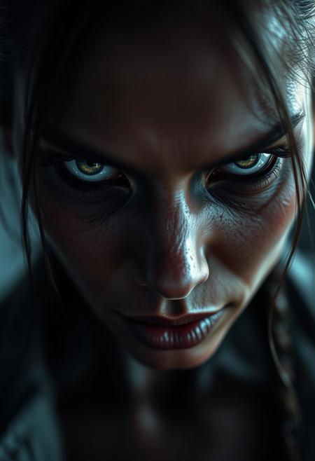 super close up shot of an underworld woman, small white zombie eyes, hyper realistic, ultra detailed, translucent oiled skin, black skin
