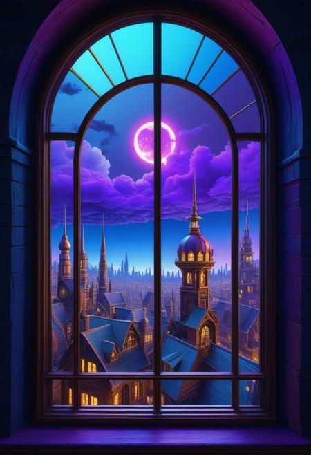 a mystical cityscape viewed through a steampunk-inspired window, with intricate architecture and iridescent accents, set against a deep blue and purple sky, reminiscent of expressive, avant-garde art, hyperrealistic, 2025, low poly, isometric art, 3d art, high detail, artstation, concept art, behance, ray tracing, smooth, 3D shading, sharp focus, ethereal lighting, perfect, highly detailed, buxom, textured, Drawn By Curt Swan, Jim Aparo, Brett Breeding, perfect eyes