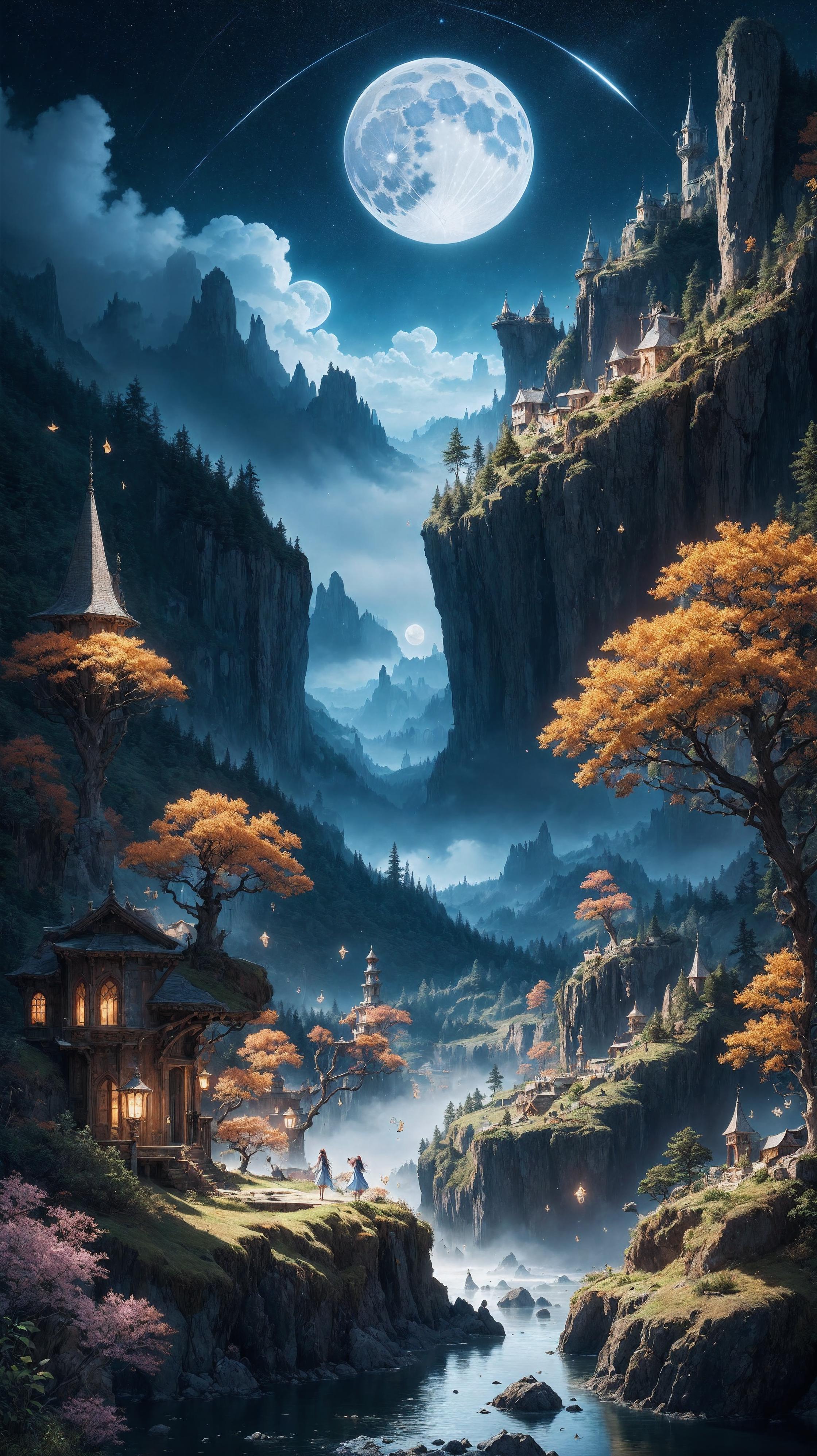 A Digital Painting of a Mountainous Landscape with a village of Houses and Trees