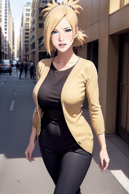 mature woman, <lora:Temari Nara v2:0.8>, blonde, 4 ponytails, 4 hair tails, city, cars, ground, office outfit, black smoking, black pants, walking on street, outside, 8k quality, high resolution, extremely detailed, intricate details, natural skin texture