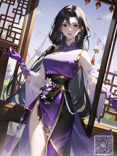 <lora:sowrd_and_fairy_linyueru_lora_v1.0:1> linyueru \(sword and fairy\), 1girl, solo, black eyes, detailed eyes, beautiful eyes, hair ornament, long hair, black hair, earrings, jewelry, medium breasts, purple dress, long sleeves, chinese clothes, purple clothes, purple footwear, upper body