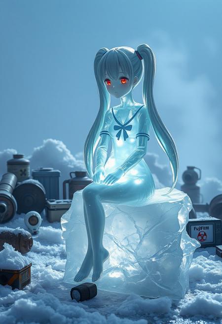 A hauntingly beautiful scene: a serene anime schoolgirl, carved from translucent ice, sits elegantly on a frozen industrial debris in a post-apocalyptic wasteland. Her porcelain-like skin glows under the cold bluish light that refracts through her crystalline body, casting rainbow prisms and ethereal patterns. Frost-covered gas masks, biohazard containers, and vintage electronics are entombed in layers of ice and snow, with rusty Fujifilm containers peeking through the formations. Her long gray-blue twin tails seem to float in a perpetual winter breeze, while her red eyes sparkle with specially colored ice that catches the light dramatically. Steam rises from patches of ground, adding an eerie atmosphere to this frozen apocalyptic scene, shot with photorealistic ice textures and cinematic lighting emphasizing translucency and reflection, shallow depth of field focusing on the ice figure.