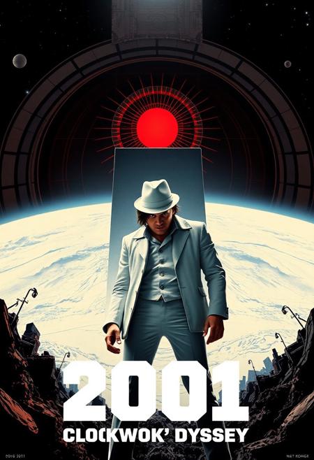 Design a bold and surreal movie poster for 2001: CLOCKWORK ODYSSEY, blending the dystopian, rebellious world of A Clockwork Orange with the futuristic, cosmic journey of 2001: A Space Odyssey. In the foreground, depict Alex, the protagonist of A Clockwork Orange, in his iconic white outfit, bowler hat, and single eyelash, standing in a menacing pose. Behind him, the vast, cold expanse of space is visible, with a massive HAL 9000 eye watching over, glowing red in the darkness. Incorporate Kubrick’s signature geometric designs, such as the monolith and stark circular spaceship interiors, mixed with the gritty urban decay from Clockwork Orange. Use a striking color palette that contrasts the warm oranges and deep shadows of Clockwork Orange with the clean whites and cold blues of 2001. Title the movie 2001: CLOCKWORK ODYSSEY in a fusion of both films’ typographic styles, bold and cinematic.