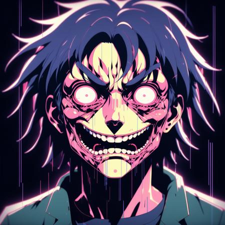 1980s anime portrait of a character glitching. His face is separated from his body by heavy static. His face is deformed by pain. Dream-like, analog horror, glitch, terrifying