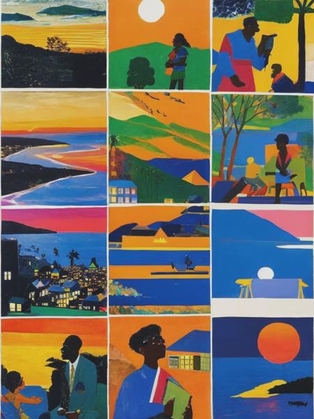 <lyco:RomareBearden:1.0> As dawn breaks, a renewed hope in my heart The warmth of the sun, a brand new start, romare bearden, comic strips, top down shot