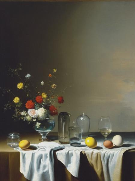 <lyco:Jean-BaptisteSimeonChardin:1.0> still-life painting by Jean-Baptiste-Simeon Chardin, water glasses, water bottles, dry flowers, eggs, cloth, light from open window on the left, reflections on the wet wall, rainbow, mist, very detailed