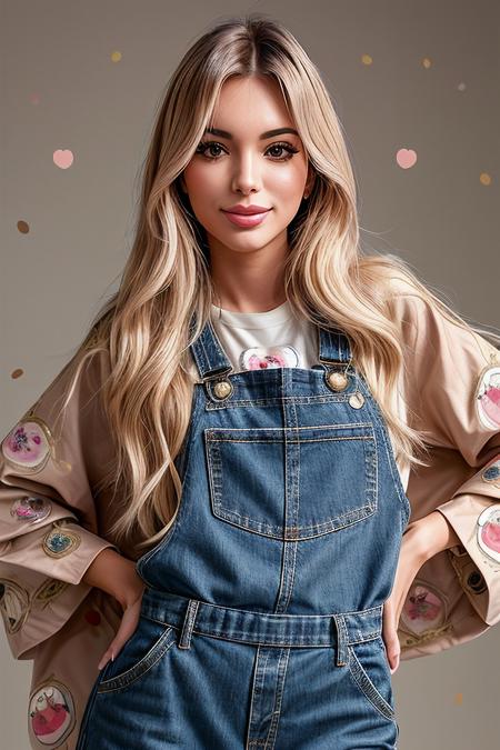 photo of (EPLud0v1c4P4g4n1:0.99), 1girl, absurdres, blonde hair, blush stickers, cloak, cowboy shot, foreshortening, hair between eyes, hand up, happy birthday, highres, long hair, long sleeves overalls, open mouth, outstretched arm, party popper, simple background, smile, solo focus, standing, v,