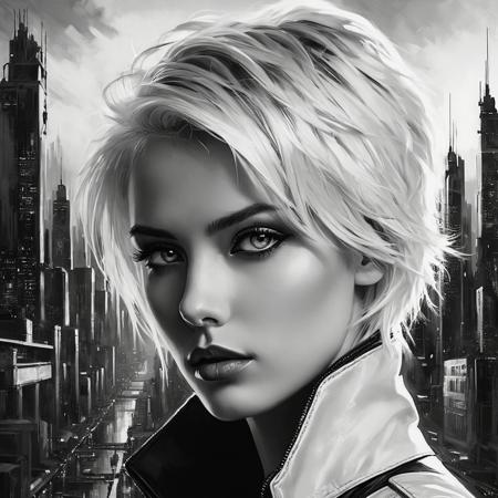 A striking portrait of a beautiful woman with short, tousled platinum blonde hair, intense eyes, and sharp facial features. The artwork is in a semi-realistic, high-detail black-and-white style with a cyberpunk and futuristic aesthetic. The background features a surreal cityscape, blending into her figure with an abstract, painterly effect. One side of the city is dark and shadowy, while the other side is illuminated by a glowing, golden sunset, reflecting off the water. The composition is dynamic, with a mix of fine details and expressive brushstrokes, creating a dreamlike and cinematic atmosphere.