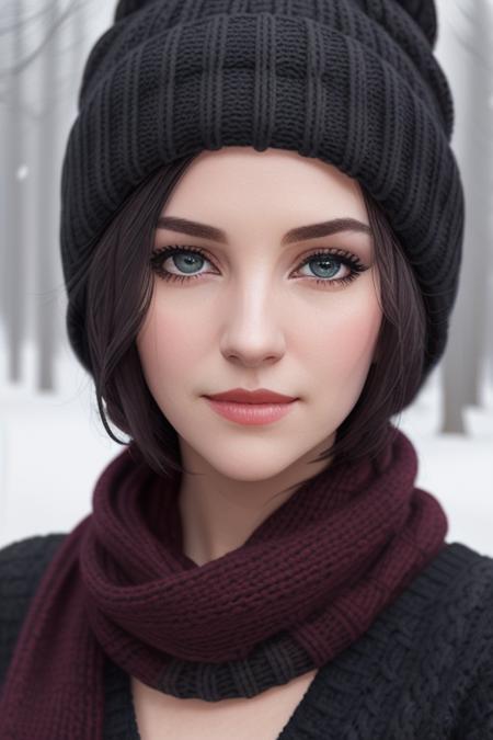 a photo of a woman, <lora:ellahunt-08:0.7>, ellahunt, ((pale skin)), ((short hair, black hair, pixie cut))((warm hat, scarf, sweater):1.2), ((closeup, portrait):1.2),((outdoors, snow, forest):1.2),,((red lipstick, eyeliner, eye shadow, blush):1.2), ((best quality, masterpiece, extreme details, high resolution):1.2),((detailed eyes, beautiful eyes, detailed face, beautiful face):1.2), ,modelshoot style, (extremely detailed CG unity 8k wallpaper), photo of the most beautiful artwork in the world, professional majestic (photography by Steve McCurry), 8k uhd, dslr, soft lighting, high quality, film grain, Fujifilm XT3 sharp focus, f 5.6, High Detail, Sharp focus, dramatic