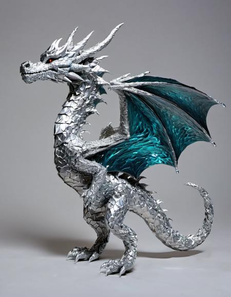 A majestic silver dragon, sculpted from crumpled and textured aluminum foil, emerges from a swirling vortex of shimmering nebulae. Its sinuous form gleams under the ethereal glow of distant stars, emphasizing the intricate hatching patterns etched into its metallic scales. In full body profile, the dragon's powerful hind legs grip the jagged edge of a floating asteroid, its long, sinuous tail vanishing into the cosmic abyss. From this side view, the dragon's piercing gaze, reflecting the distant starlight, pierces through the endless black. Though crafted from humble aluminum, its presence resonates with the ancient energy of the cosmos
 <lora:TinFoilXL:1>
 <lora:FILM_PHOTOGRAPHY_STYLE:.25>