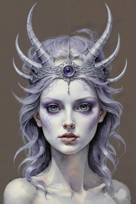 designed by Giovanni Battista Gaulli, professional Drawing, slender Freya, Smoky Conditions, Illustration, Frightening, F/1.8, Offset print, Lavender colored detailed eyes