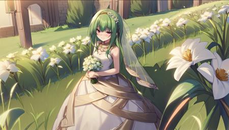 (masterpiece, best quality), eiferia, 1girl, solo, long hair, small breasts, (wedding dress), standing, blush, smile, holding flowers, white flowers, grass, garden, <lora:eiferiav1.02x-000001:1>