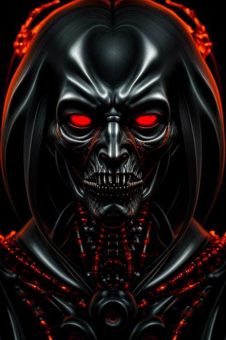 Demon, biomechanical, detailed, portrait, dramatic, cinematic, data mosh, glow,