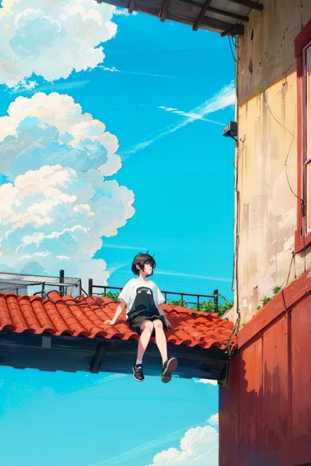 solo, sitting, sky, cloud, outdoors, short hair, blue sky, scenery, black hair, day, 1girl, wide shot, rooftop, shirt, building, shorts, shadow <lora:airconditioner:1>