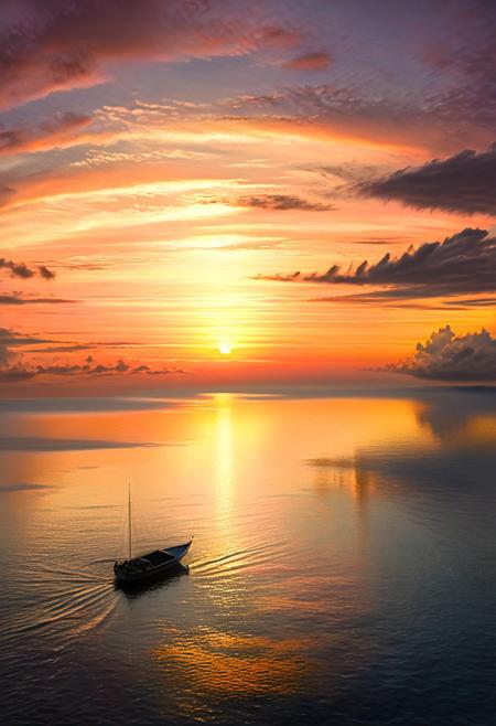 serene seascape during sunset, soft golden light reflecting on gentle waves, vibrant orange to pastel pink sky, delicate clouds, faint silhouettes of island or small boat, peaceful atmosphere, heavenly glow illuminating the horizon, hyperrealistic, cinematic lighting, masterpiece digital painting by Claude Monet and Thomas Kinkade, 8k resolution
