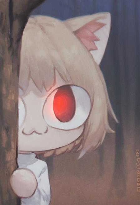 score_9, score_8_up, score_7_up, solo, peeking out, upper body, hiding behind tree, night, horror \(theme\), forest, necoarc, glowing eyes, cat ears, blonde hair, red eyes, chibi, (:3:1.2), white shirt, turtleneck,  looking at viewer, (cute:1.2)