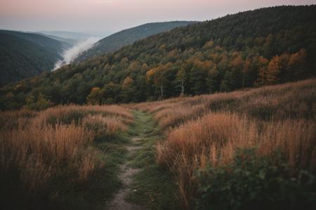 raw photo, a sunset landscape, Carpathian mountains valley temperate forests, Poland forest,  cozy, photorealistic, high detailed texture, 8k uhd, dslr, soft lighting, high quality, film grain, Fujifilm XT3, Sony A7 IV, highly detailed photography, (muted colors, cinematic, dim colors, soothing tones:1.2), vibrant, insanely detailed, hyperdetailed, (dark shot:1.2), (vsco:0.3), (intricate details:0.9), (hdr, hyperdetailed:1.2) (highest coherency: 1.39) (highest quality: 1.39) (rule of Thirds) (award winning) (breathtaking) (masterclass) (vibrant color: 0.79) (foggy: 1.09) (distant hillside) (distant ruined stone structure)