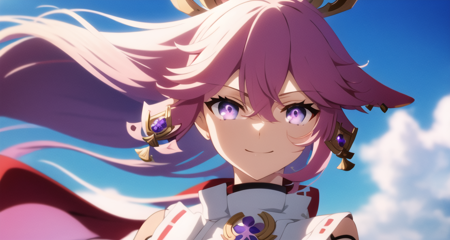 <lora:yaeMikoRealisticAnime_offset:0.6>,  smile, sky, hair blowing, yae miko \(genshin impact\), pink hair, yae miko,  <lora:ufotable_loha:0.4>, looking at viewer, blue hair,  upper body, detailed eyes, anime screencap, ufotable style, purple eyes, kitsune, <lora:beautifulDetailedEyes_v10:0.6>, beautiful purple eyes