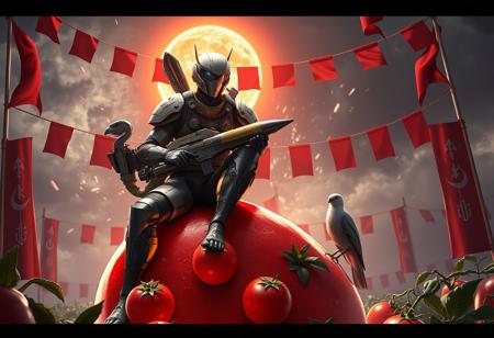 Create a hyperrealistic, highly detailed illustration of Optimus Sun Orientation, a merged character sitting on a Tomato Paradise, inspired by Avigdor Arikha and Greg Rutkowski. The character should wear a flight suit, hold a rocket launcher, and be accompanied by a standing bird. The scene should have red banners, be symmetrically composed, and feature a glow effect. The image should be rendered in Unreal Engine 5 with Octane Render and cinematic lighting.