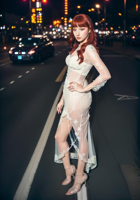 candid RAW portrait photo of a woman (Ruth McLoud:1.0) with red hair and a white colored (intricated dress:1.2) on a dark busy street (at night:1.2), Fujifilm Fujicolor C200 film, dof, high definition, detailed, intricate, flashlight <lora:flashlightphoto_v1.5a:1>