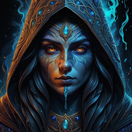 Finely detailed vector illustration. sorceress, contemplating, close-up of face, ultra realistic quality, interwoven pattern, dark gradient background, hyperdetailed, intricately detailed,  triadic colors,fantastical,intricate detail,splash screen,complementary colors, fantasy concept art, 8k resolution, masterpiece, oil painting, thick strokes, paint dripping, vapors, glow