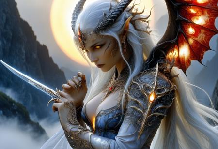 Dark fantasy painting of a stunning half-dragon woman, her piercing, slit-pupiled eyes glow with an otherworldly golden light, reflecting her draconic heritage. Delicate horns curve gracefully from her forehead, adorned with intricate jewelry and runes. Long, flowing hair cascades down her back, resembling dragonfire in color (deep reds, silvers and blues). She wears a regal yet fierce outfit, blending armor-like elements with flowing fabrics, suggesting both nobility and power. A pair of majestic, leathery wings unfurl behind her, and her fingers end in sharp, elegant claws. The background is a mystical landscape, enhancing her mythical presence. OBxiaoxiang, G0thicL1nes, R3alisticF, D3tailedP0rtraits
high detail realistic skin texture, skin pores, masterpiece, cinematic quality, bokeh, depth of focus, realistic fantasy photo, gorgeous aesthetic, in the style of Luis Royo and Milo Manara