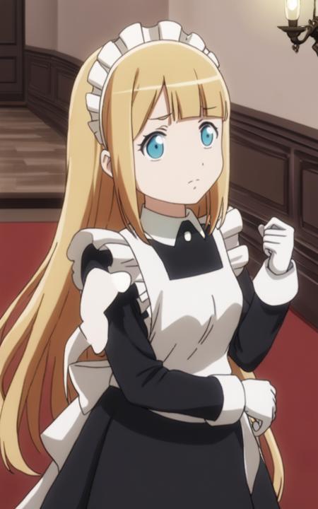  tuareninya blonde hair, long hair, blunt bangs, sidelock, turquoise eyes, small breasts maid, long sleeve, black long skirt, white frilled apron, headdress, white socks, shoes, white glove 